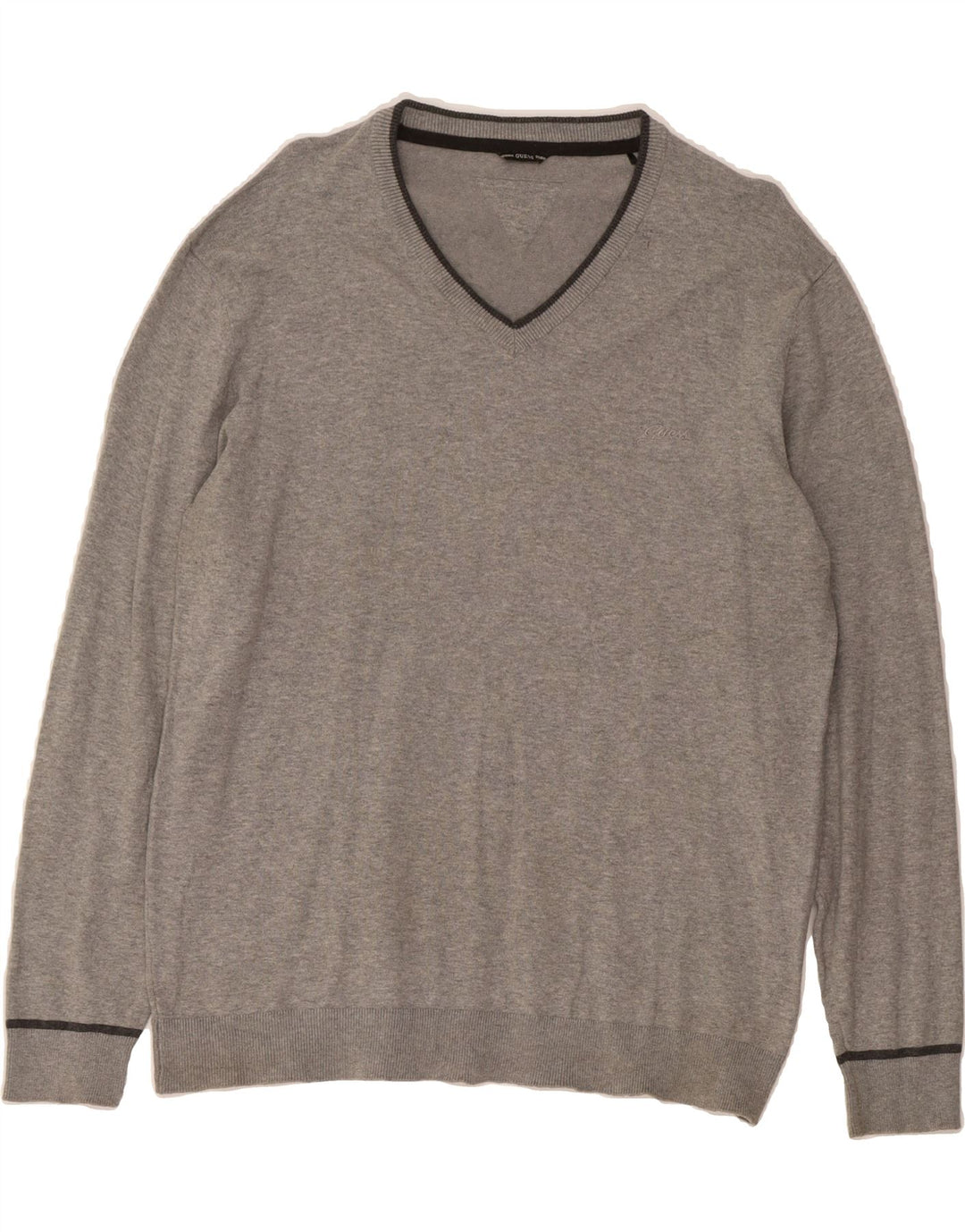 GUESS Mens V-Neck Jumper Sweater Medium Grey Vintage Guess and Second-Hand Guess from Messina Hembry 