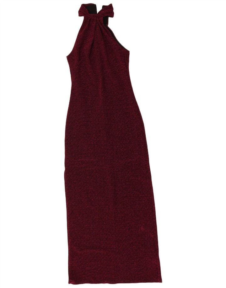 Vestido feminino maxi frente única vintage Reino Unido 8 poliéster manchado marrom pequeno