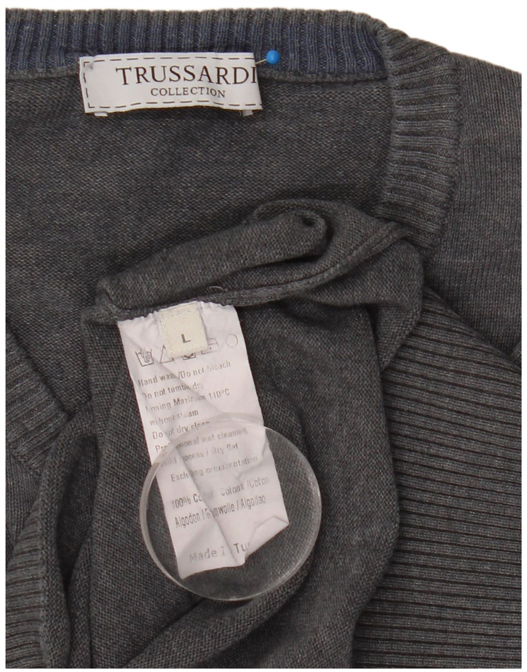 Suéter masculino Trussardi com decote em V grande algodão cinza