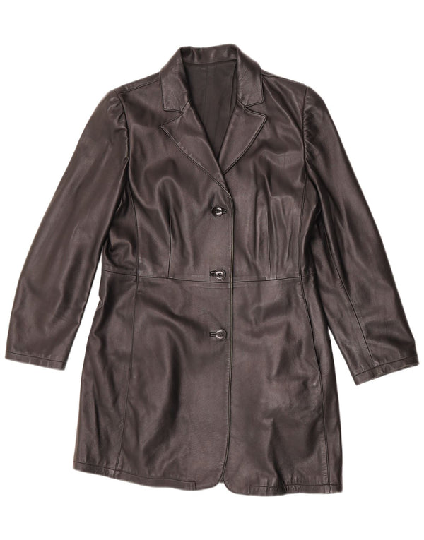 Casaco de couro feminino vintage Reino Unido 14 couro preto médio