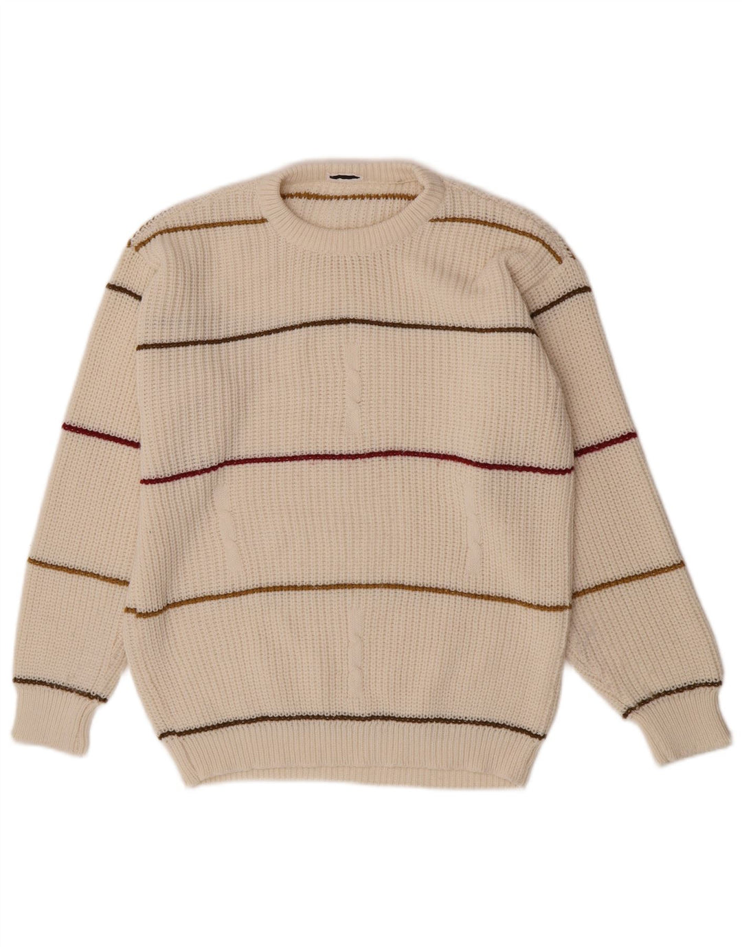 Suéter vintage masculino com gola redonda, meio acrílico listrado branco