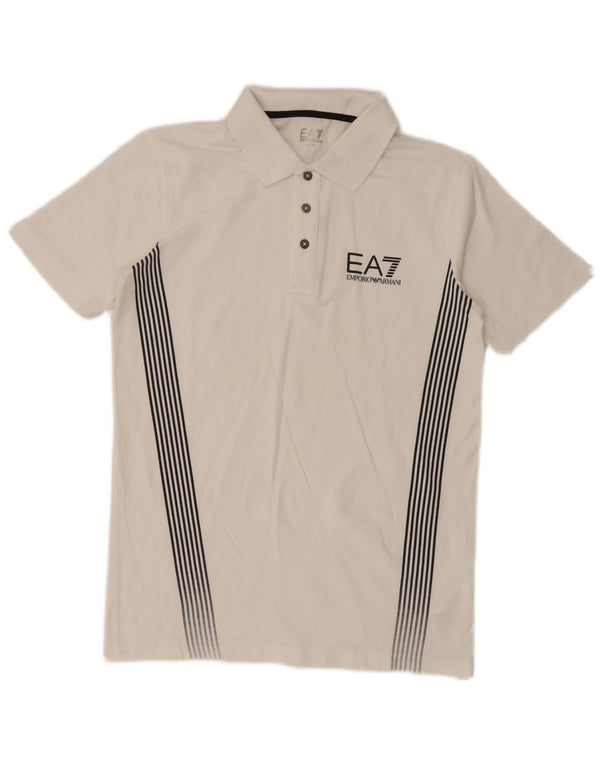 Camisa polo masculina Emporio Armani com listras brancas médias de algodão