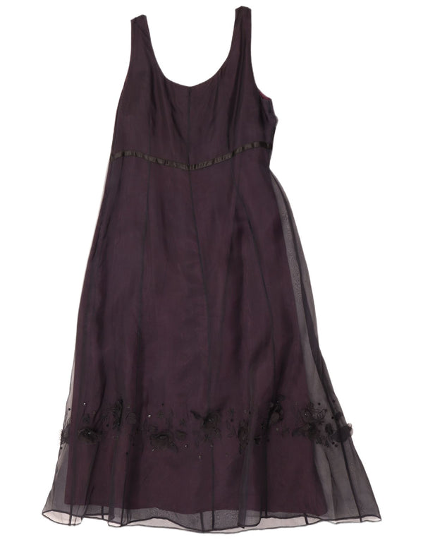 Vestido feminino monsoon sem mangas evasê UK 16 grande seda floral cor de vinho