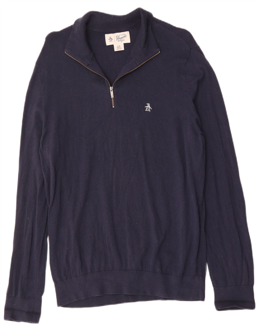 Suéter masculino Penguin com zíper e gola grande de algodão azul marinho