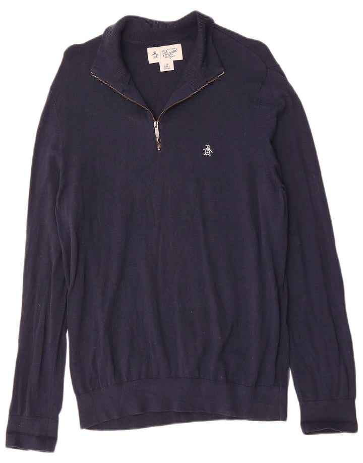 Suéter masculino Penguin com zíper e gola grande de algodão azul marinho