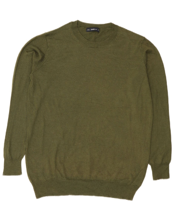 Zara Suéter feminino com gola redonda, Reino Unido 14, médio, cáqui, poliéster