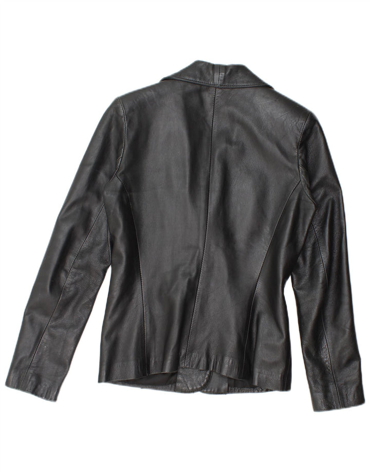 Jaqueta blazer feminina vintage de couro com 2 botões Reino Unido 12 médio preto