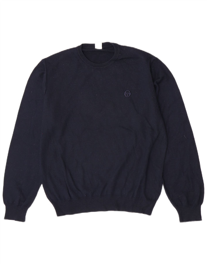 Suéter masculino Sergio Tacchini com gola redonda, lã virgem azul marinho médio