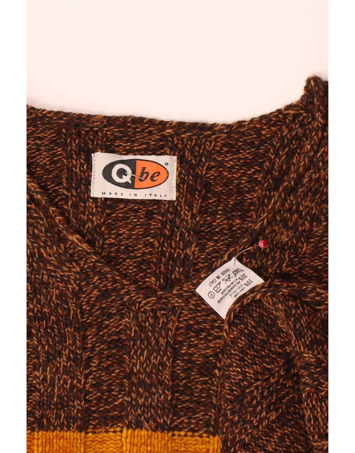 Suéter vintage masculino com decote em V grande lã colorblock marrom