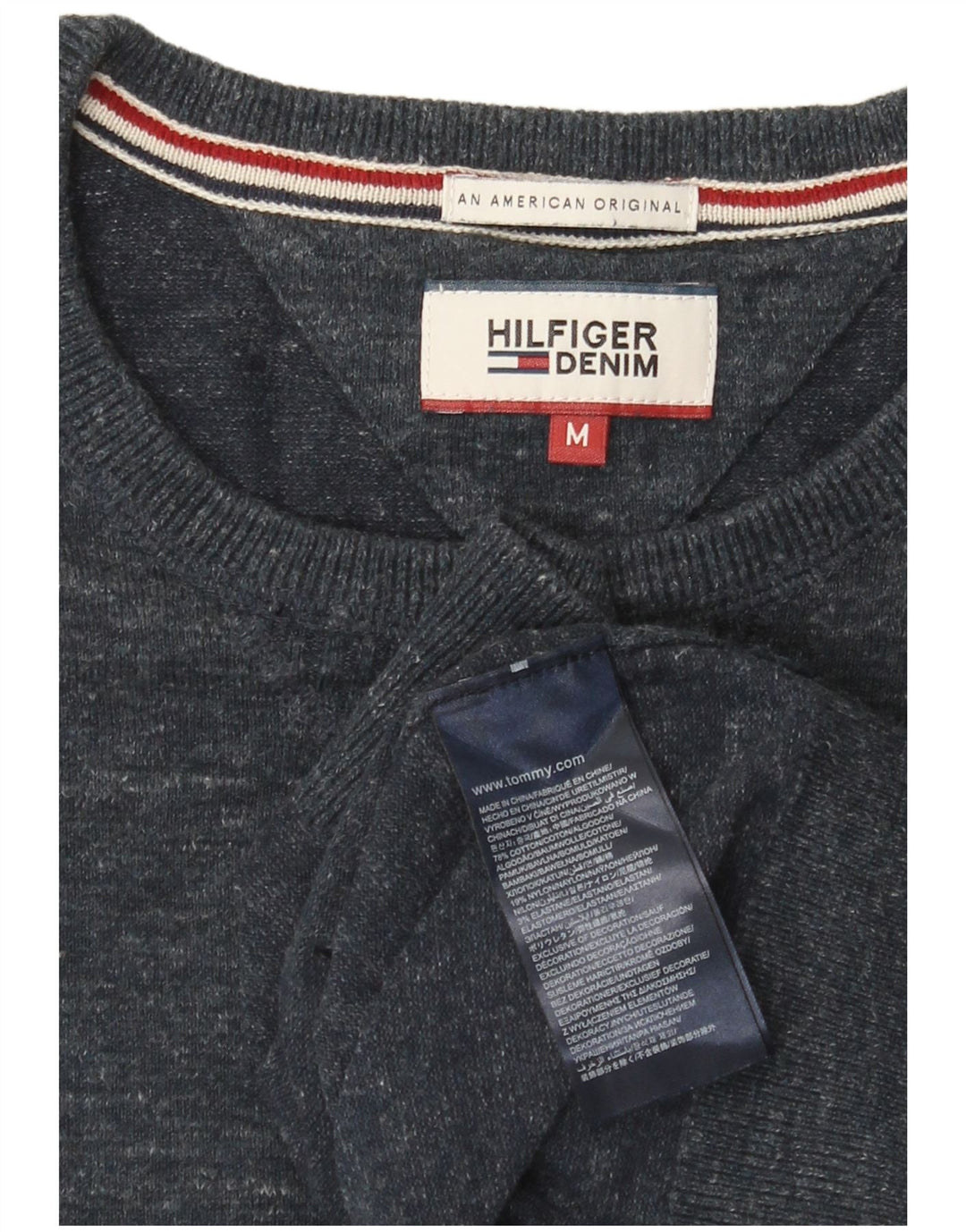 Suéter masculino Tommy Hilfiger com gola redonda, médio azul marinho manchado