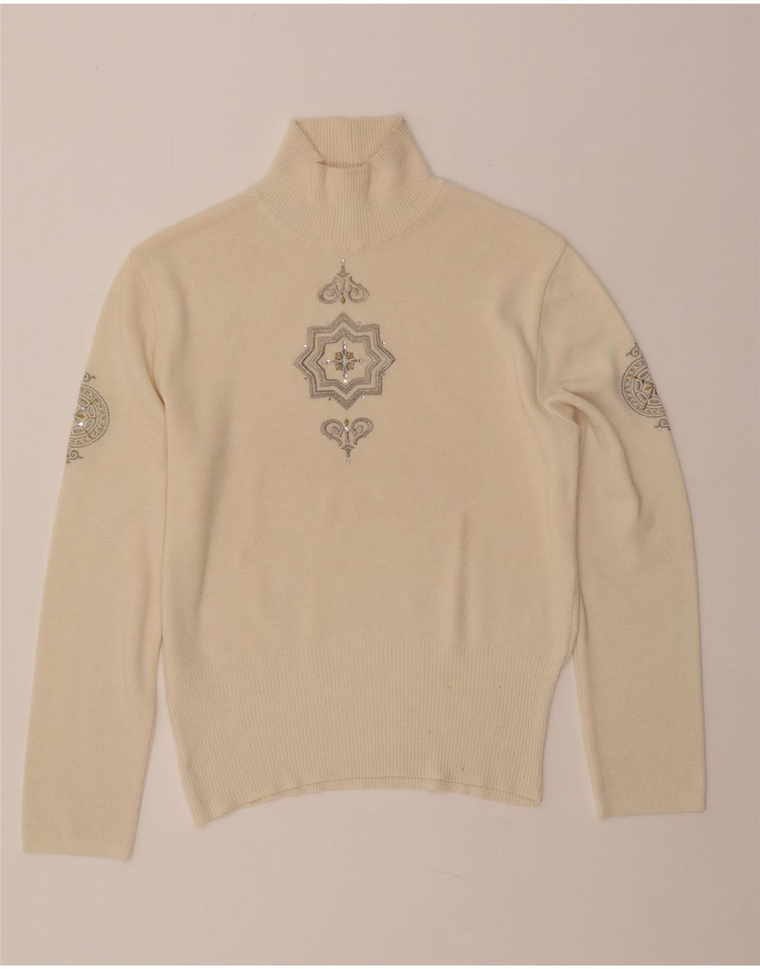 Suéter feminino BOGNER com gola tartaruga Reino Unido 16 grande lã paisley bege