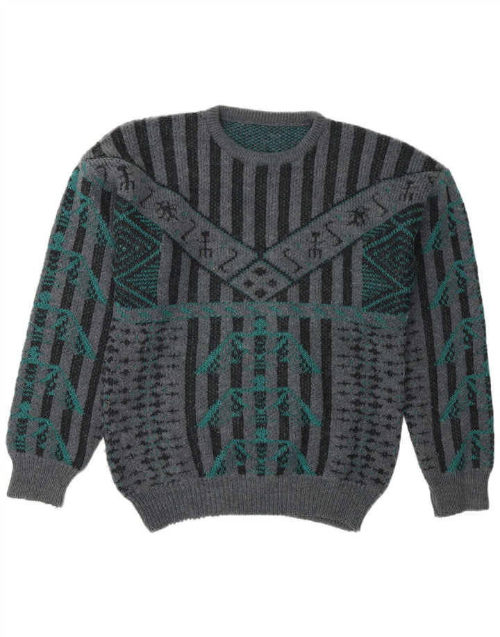 Suéter masculino vintage com gola redonda e listrado cinza médio retrô