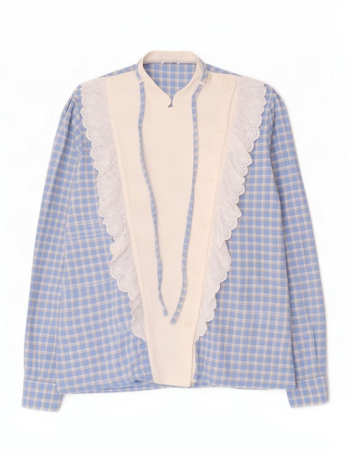 Camisa feminina vintage com babados na frente Reino Unido 16 grande xadrez azul