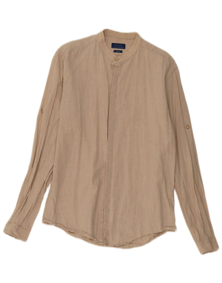 Camisa masculina Zara Slim Fit linho bege médio