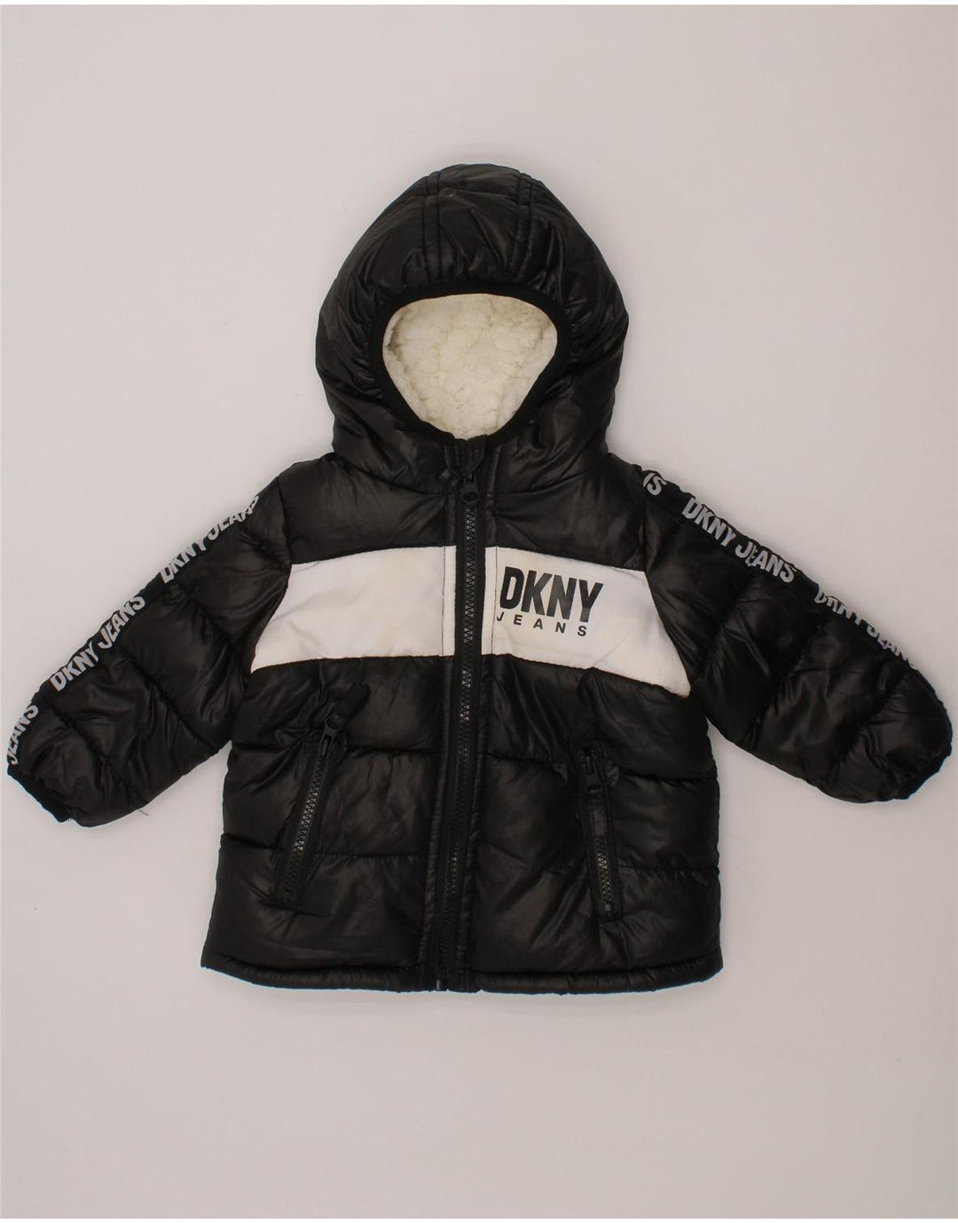 DKNY Baby Boys Graphic Hooded Padded Jacket 9-12 Months Black Colourblock Vintage Dkny and Second-Hand Dkny from Messina Hembry 