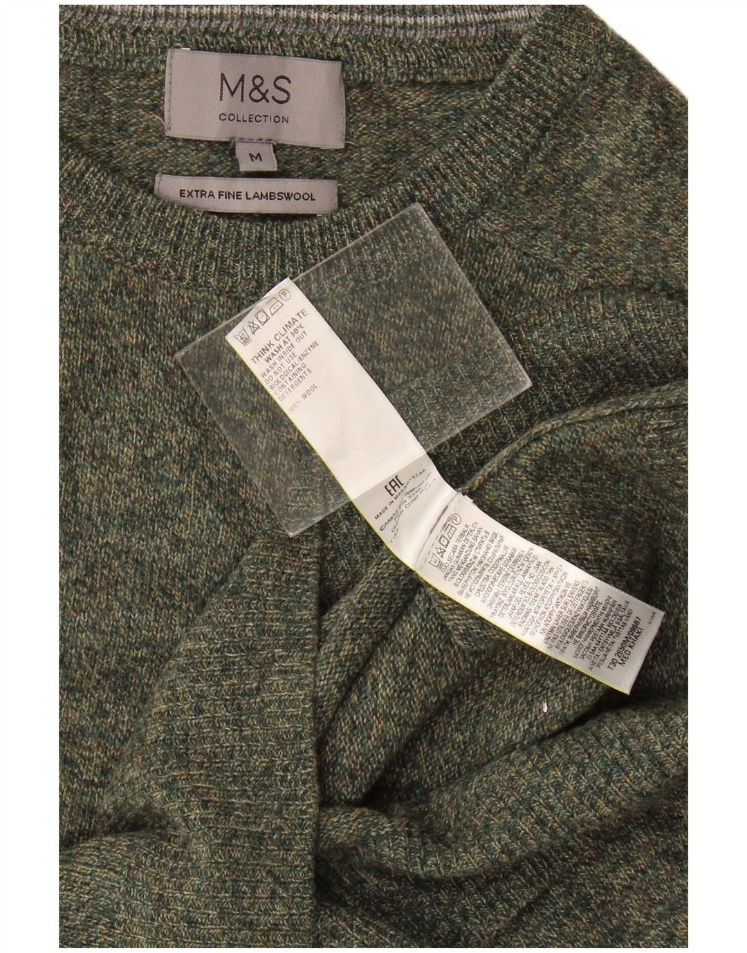 Suéter masculino Marks & Spencer com gola canoa verde médio manchado