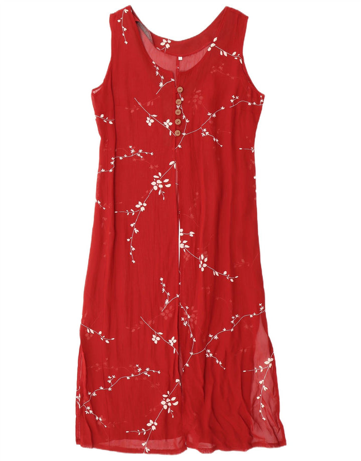 Vestido maxi feminino sem mangas VINTAGE Reino Unido 14 grande viscose floral vermelha