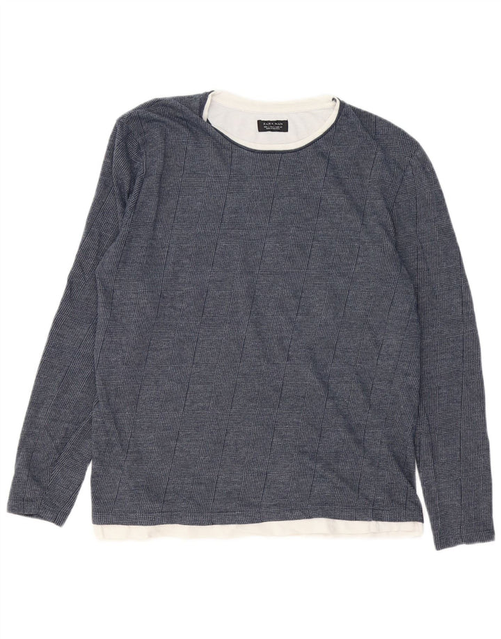 Zara Top masculino de manga comprida grande azul marinho Houndstooth