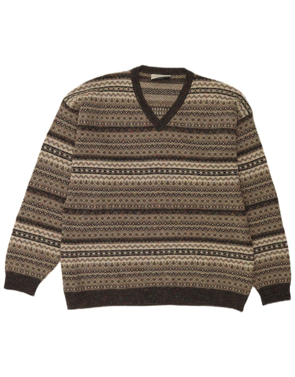 Enzo Goti Mens V-Neck Jumper Sweater Medium Grey Fair Isle Polyacrylic