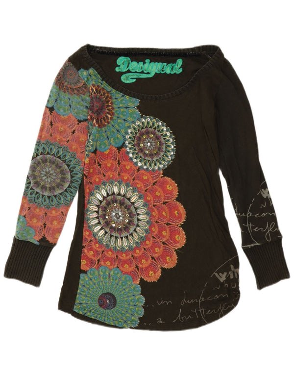 Top gráfico feminino Desigual manga comprida UK 12 médio preto floral