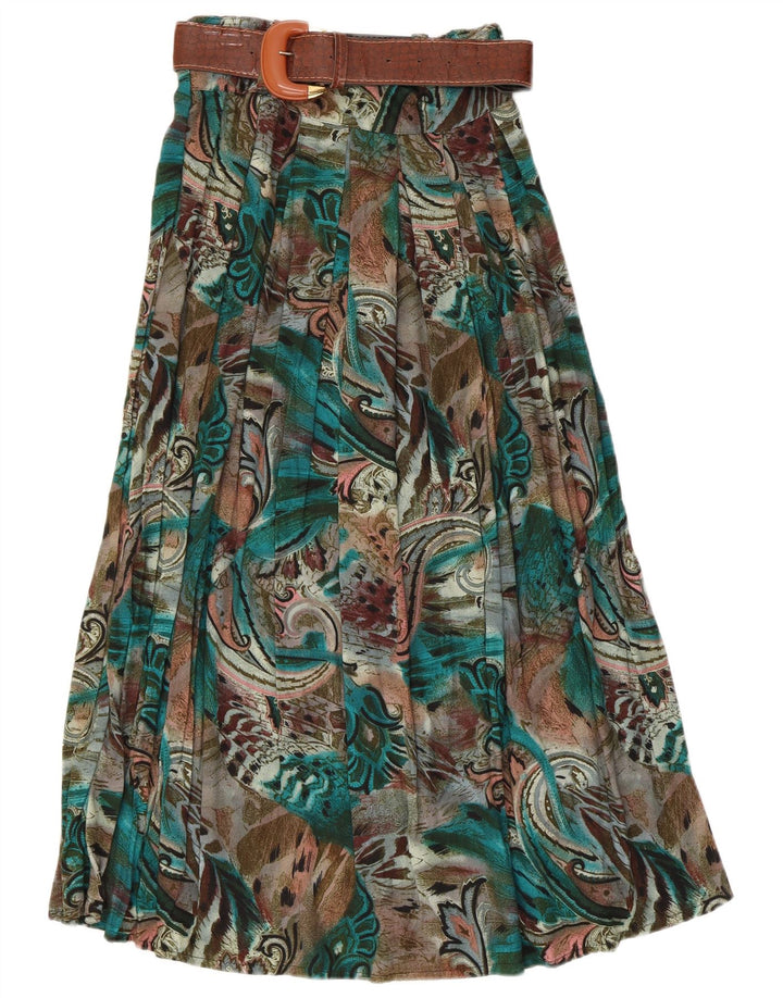 Saia larga feminina vintage com padrão abstrato W28 verde médio