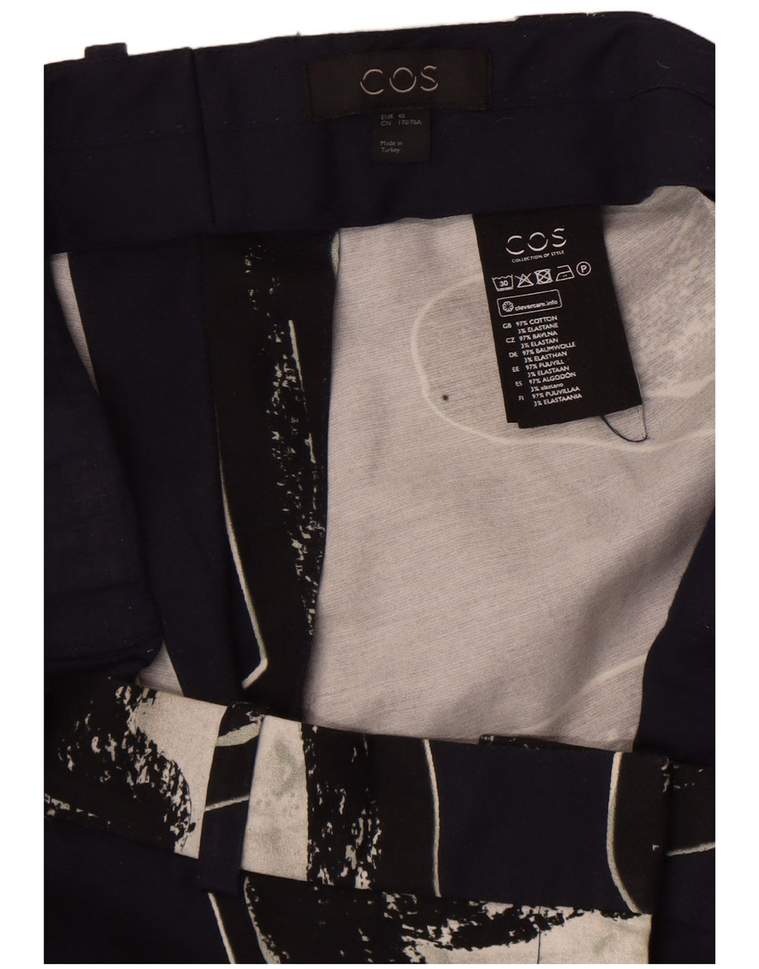 Calça Chino Feminina Cos Padrão Abstrato EU 40 Médio W34 L28 Azul Marinho