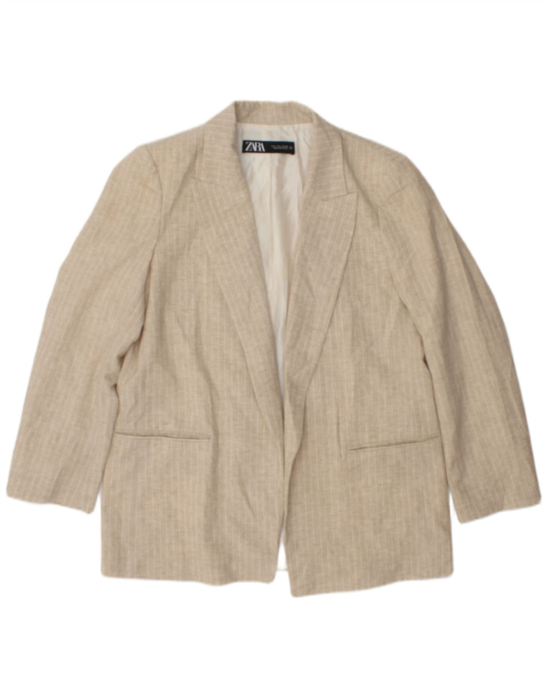 Jaqueta Zara Womens Open Blazer UK 16 Grande Bege Listrado