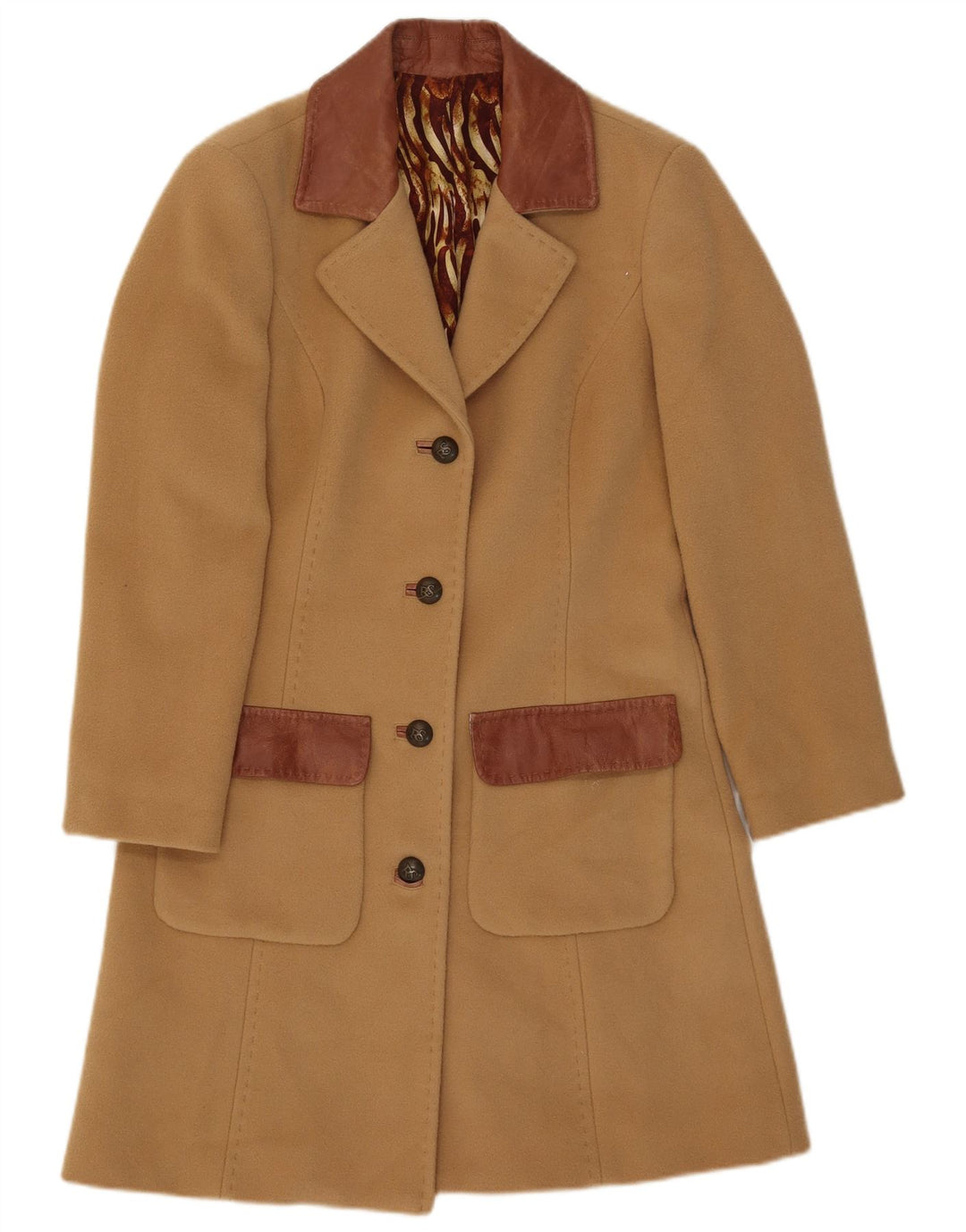 Sobretudo feminino vintage UK 8 pequeno bloco colorido bege