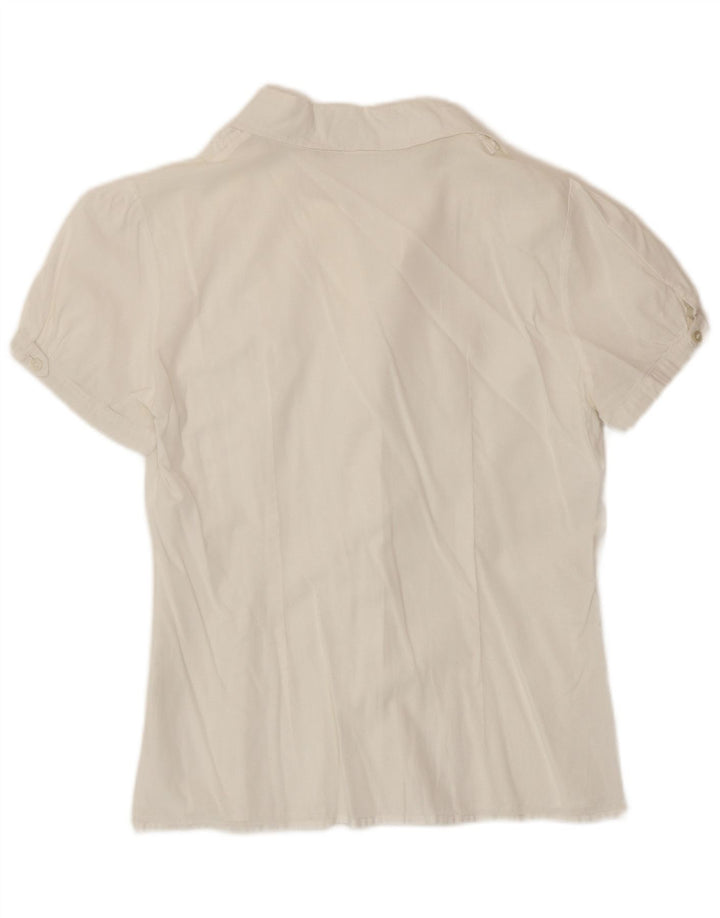 Blusa feminina de manga curta com babados na frente da Benetton Reino Unido 12 médio branco