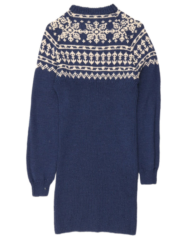 Vestido feminino vintage de manga comprida UK 10 pequeno azul Fair Isle