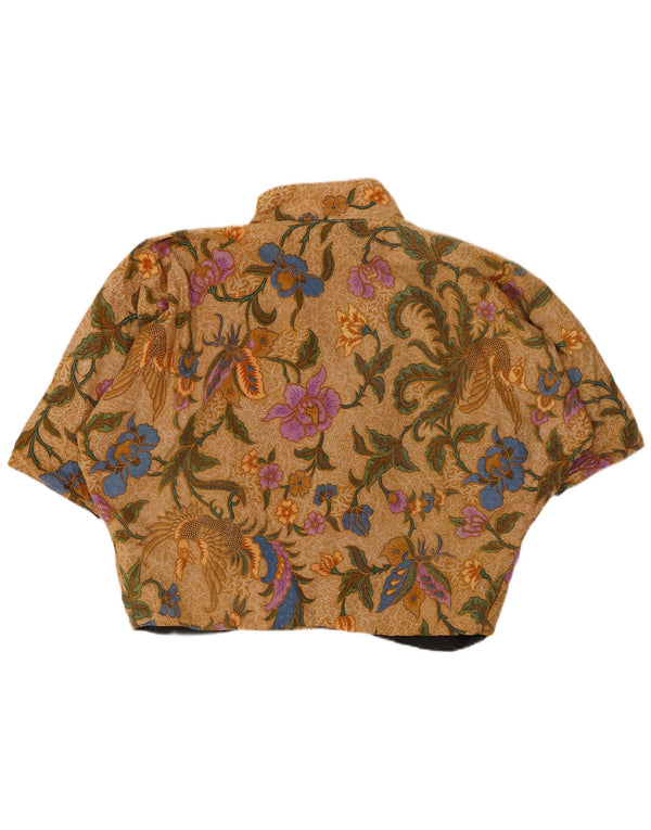 Bolero feminino VINTAGE de manga curta UK 20 2XL algodão floral marrom