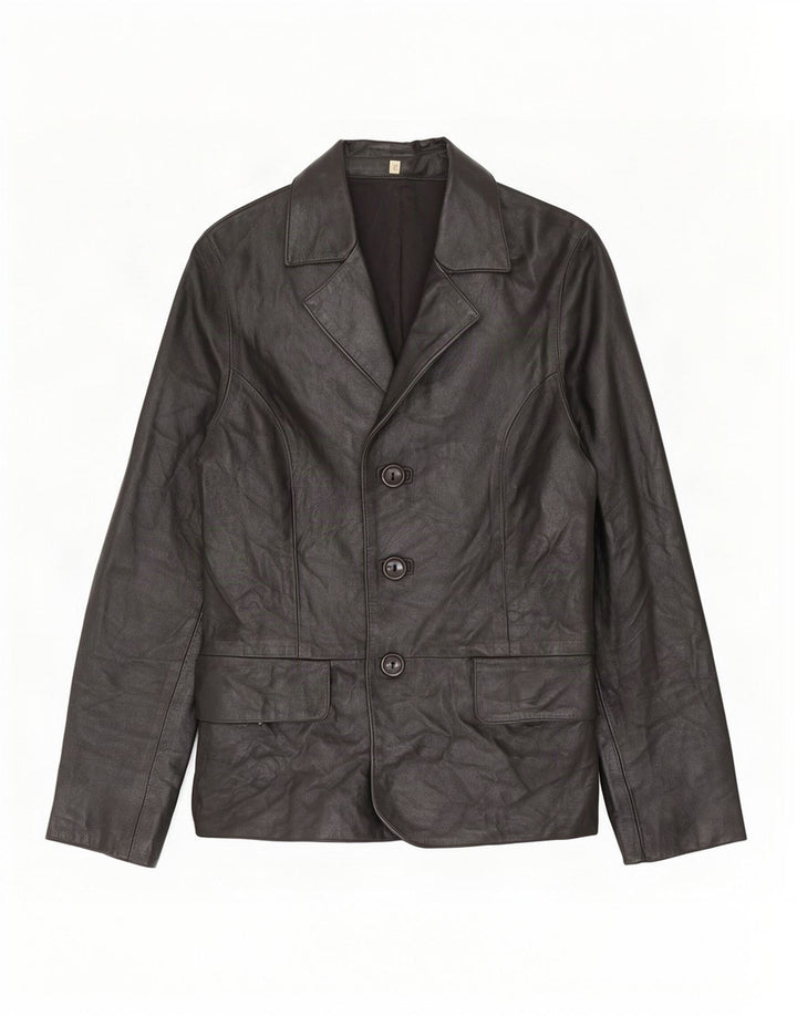 Jaqueta de couro feminina vintage UK 10 pequena preta