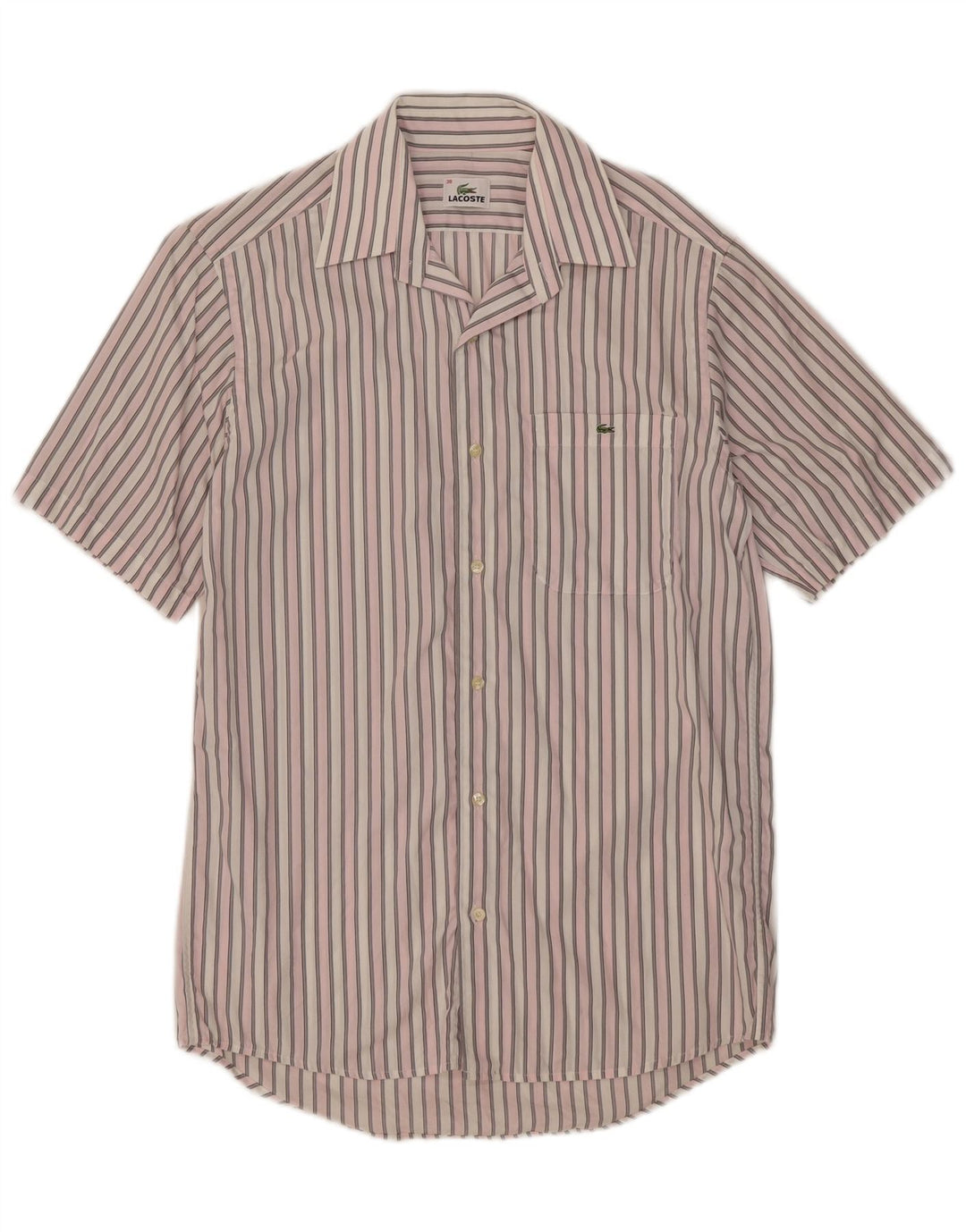 Lacoste Camisa masculina de manga curta tamanho 38 algodão listrado rosa médio