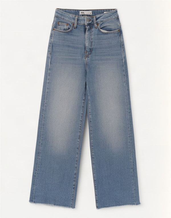 Zara Jeans feminino cintura alta com perna larga EU 34 2XS W24 L27 azul