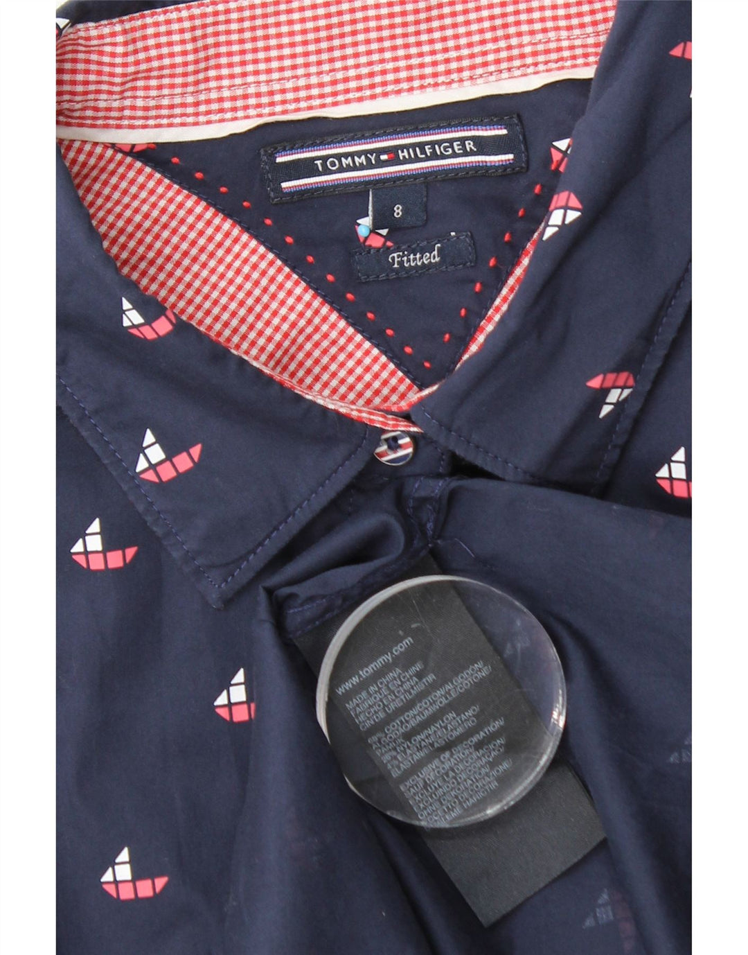 Camisa justa feminina Tommy Hilfiger EUA 8 médio algodão geométrico azul marinho