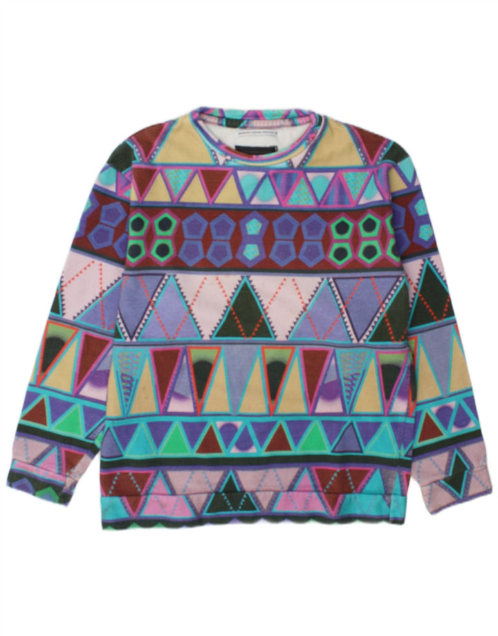 Suéter feminino vintage UK 14 médio multicolorido geométrico