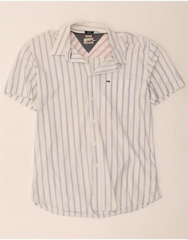 Tommy Hilfiger Camisa masculina de manga curta slim fit grande algodão listrado branco