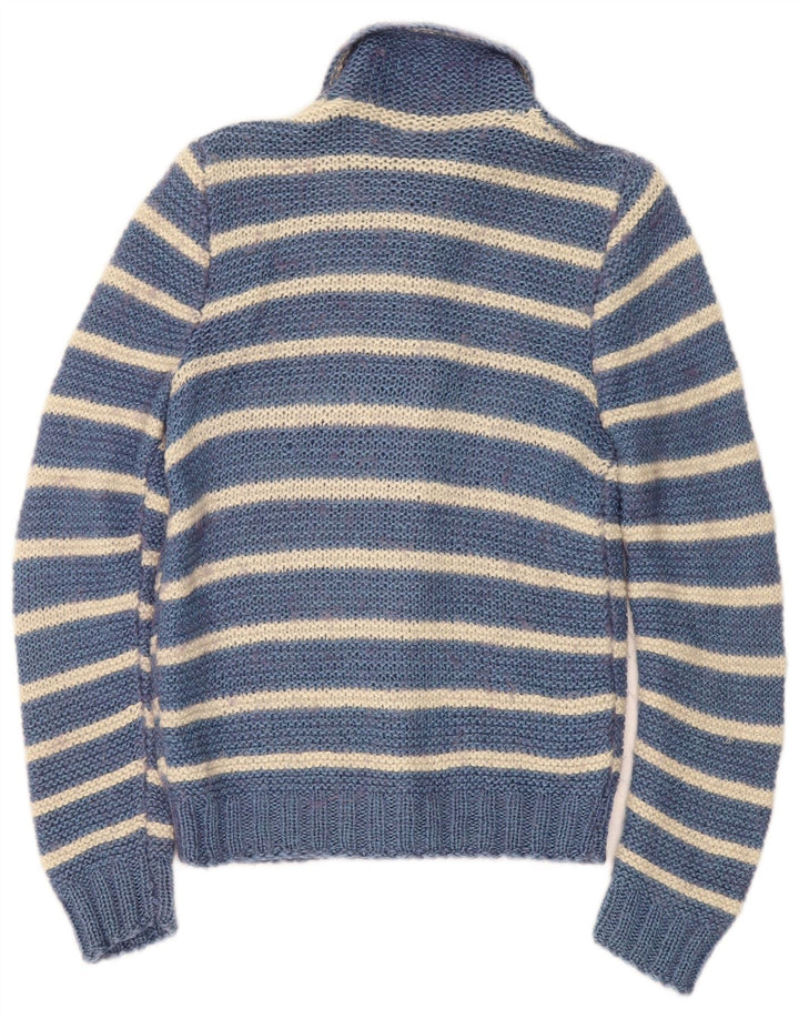 Suéter cardigã feminino vintage Reino Unido 10 listrado azul pequeno