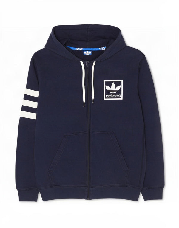 Suéter masculino Adidas com capuz e zíper gráfico grande algodão listrado azul marinho