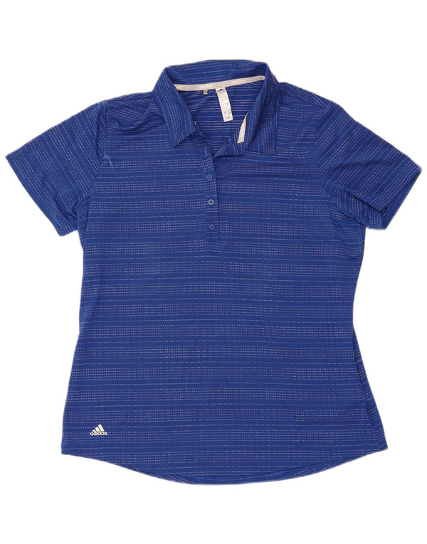 Camisa polo feminina Adidas de manga curta grande poliéster listrado azul