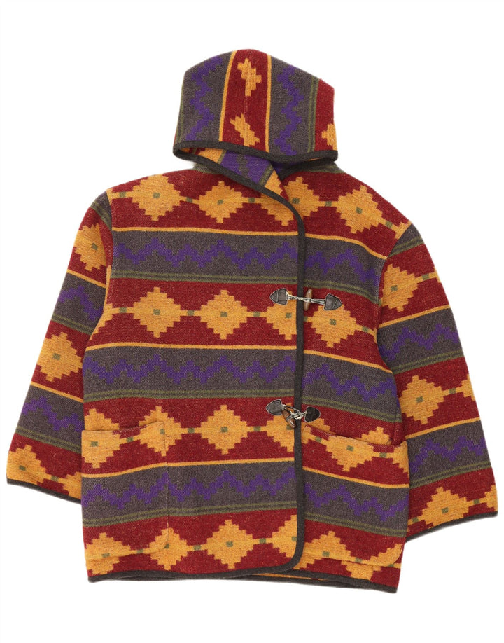 Jaqueta Duffle feminina vintage com capuz UK 14 grande geométrica multicolorida