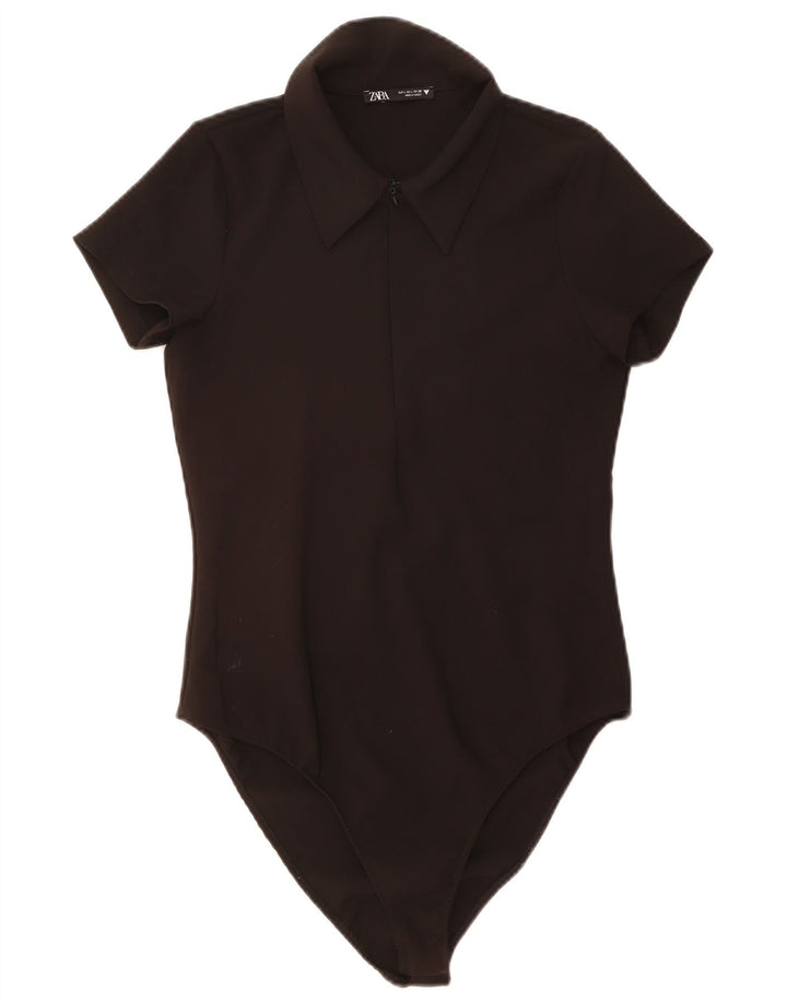 Macacão feminino Zara com gola polo UK 14 grande poliéster preto