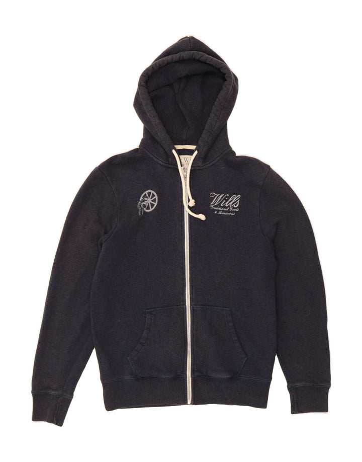JACK WILLS Mens Graphic Zip Hoodie Sweater Medium Navy Blue Cotton Vintage Jack Wills and Second-Hand Jack Wills from Messina Hembry 