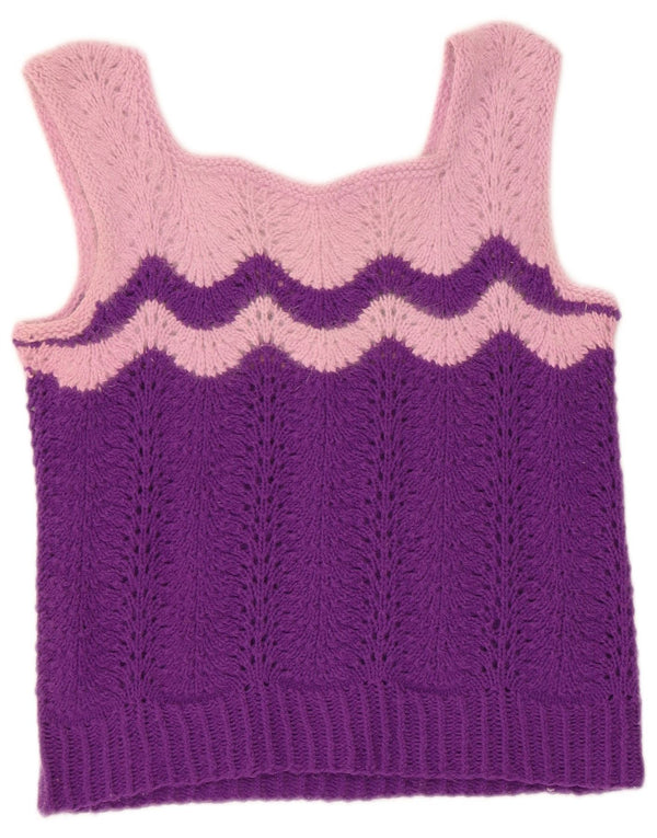 Blusa feminina vintage de malha sem mangas UK 4 XS roxo colorblock