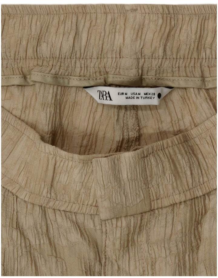 Calça feminina Zara com estampa abstrata reta casual médio W30 L26 bege