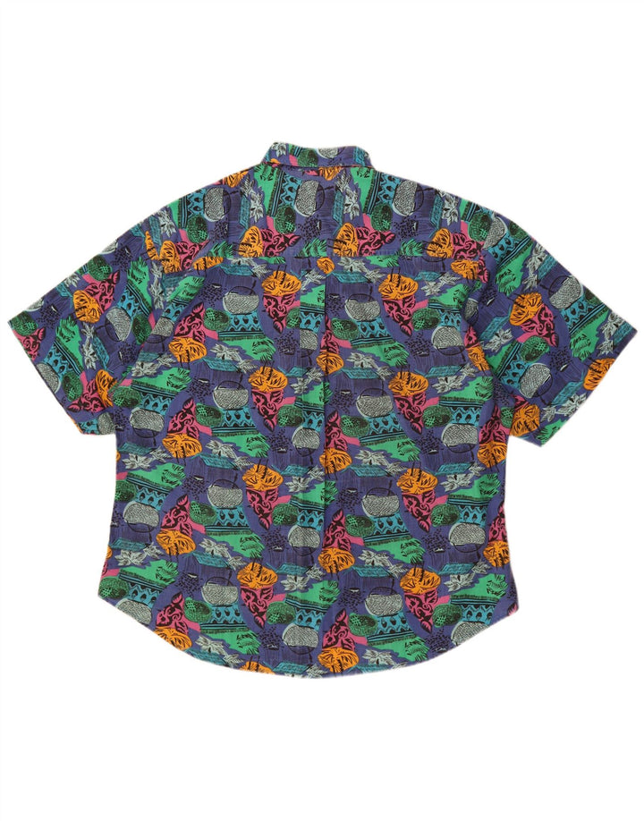 Vintage masculino abstrato Padrão manga curta Camisa XL algodão azul