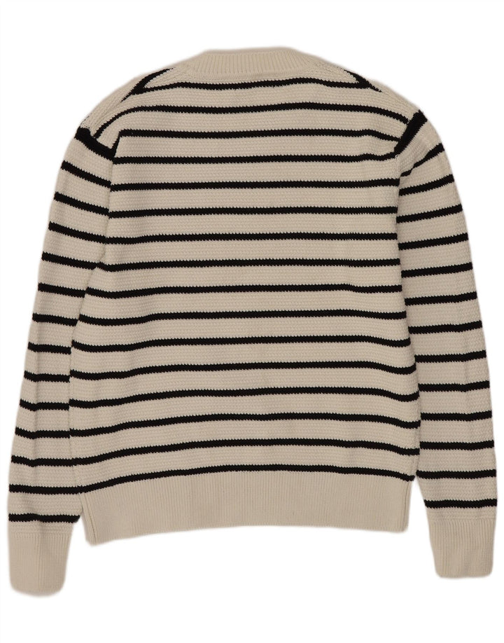 Zara Suéter masculino com gola redonda, algodão listrado branco médio