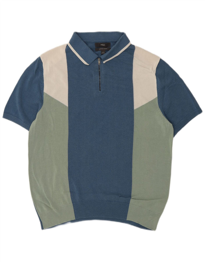 Suéter masculino Marks & Spencer com gola polo grande bloco colorido azul
