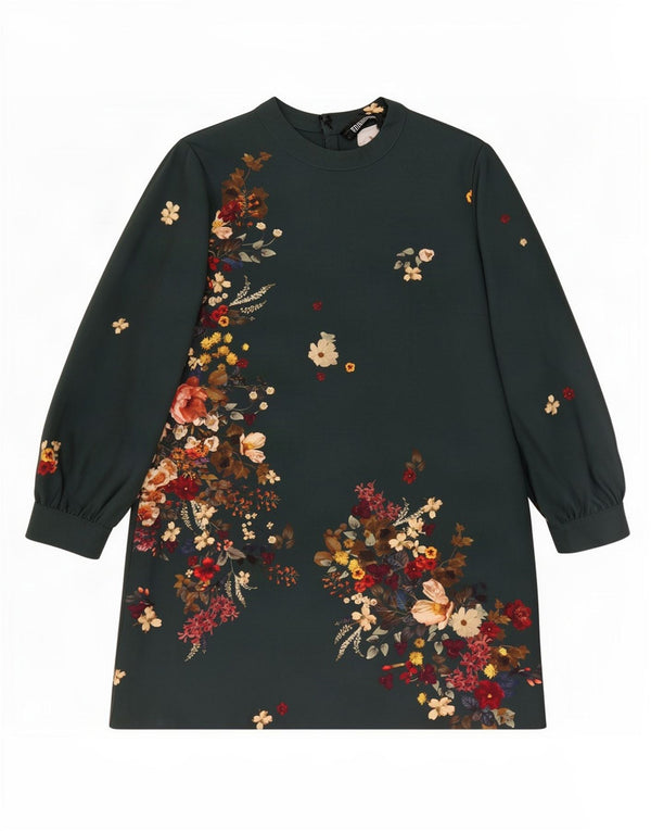 Vestido feminino Zara manga comprida, tamanho UK 14, grande, verde, floral