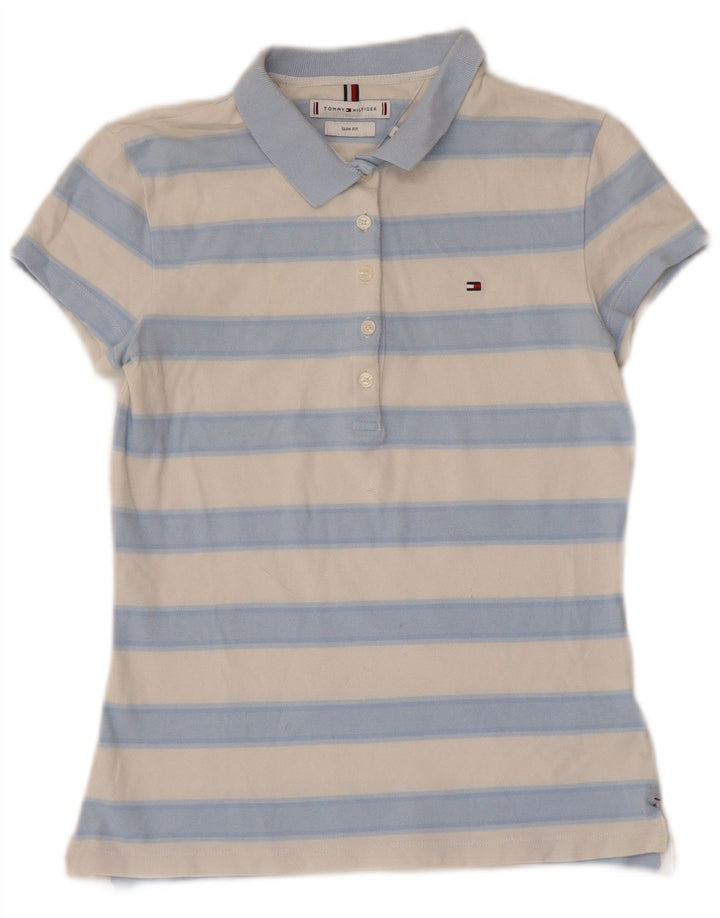 Camisa polo feminina TOMMY HILFIGER Reino Unido 6 XS algodão listrado azul